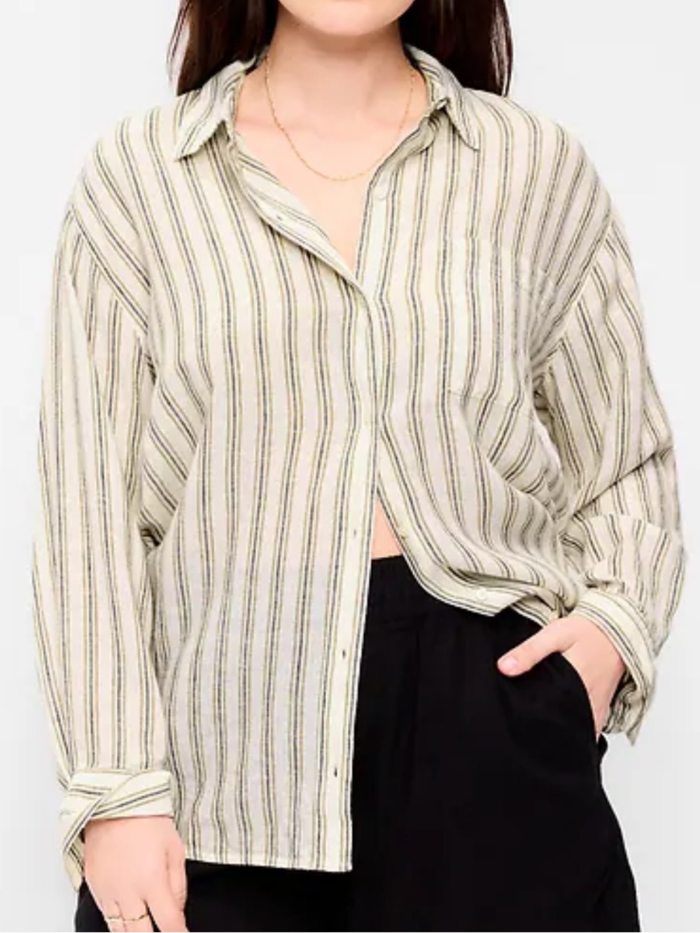 Old Navy Linen-Blend Loose Long Sleeve Neutral Stripe Button-Down Shirt Top